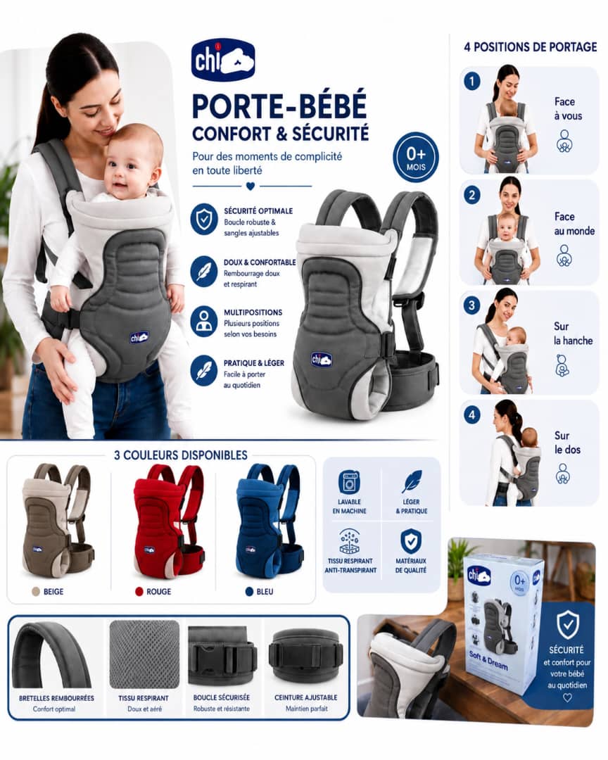 Porte-Bébé Ergonomique Confort & Sécurité – 4 Positions
